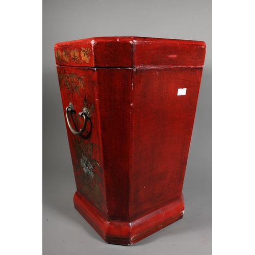 38 - Japanese style box with faux red lacquer, elaborate foliate and avian decoration, hinged lid, loop h... 