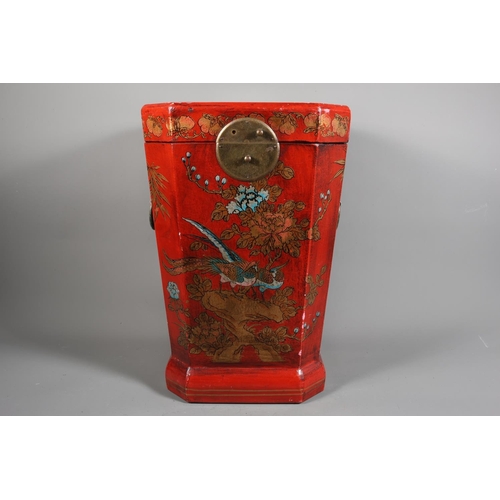38 - Japanese style box with faux red lacquer, elaborate foliate and avian decoration, hinged lid, loop h... 