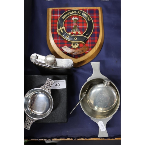 49 - Pewter quaichs, hip flasks, a teaspoon and a Clan Cameron plaque.