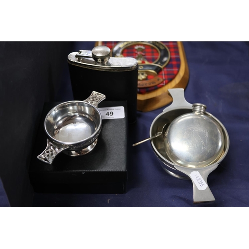 49 - Pewter quaichs, hip flasks, a teaspoon and a Clan Cameron plaque.