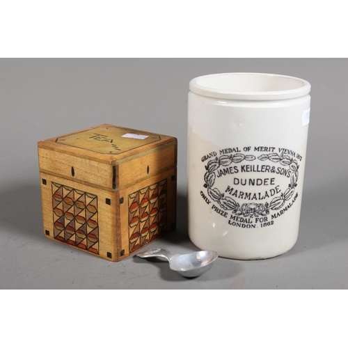 51 - James Keiller & Sons, Dundee marmalade earthenware jar and a tea caddy marked Betty Bell, Christ... 