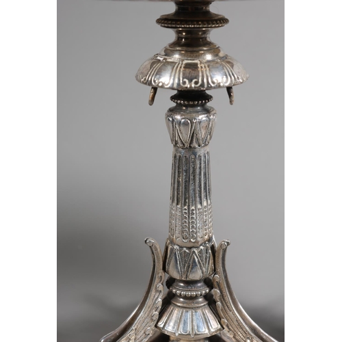 6 - Pair of plated table stands with scalloped circular top on elaborate baluster column, mounted by tri... 