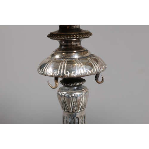 6 - Pair of plated table stands with scalloped circular top on elaborate baluster column, mounted by tri... 