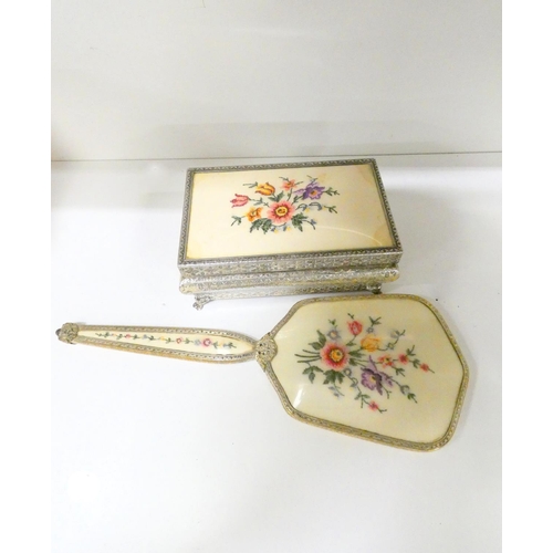 60 - A petit point silver plated dressing table set to include a hair brush, jewellery box, a pair of dwa... 