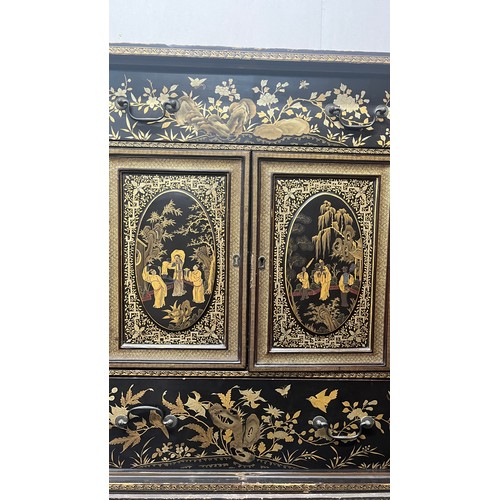 518 - Japanese lacquered cabinet on stand, rectangular top over door enclosing cupboard and drawers, raise... 