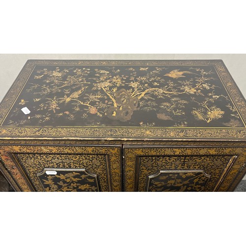 518 - Japanese lacquered cabinet on stand, rectangular top over door enclosing cupboard and drawers, raise... 