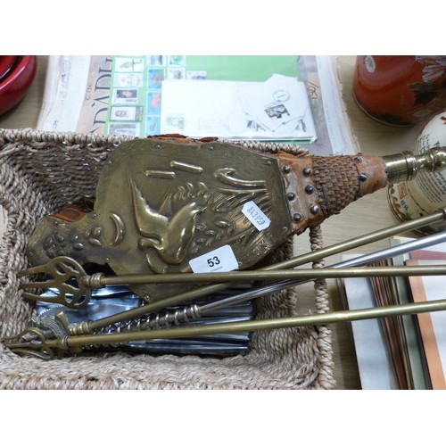 53 - Set of bellows, fire irons, shoe horn and a collection of modern cutlery etc.