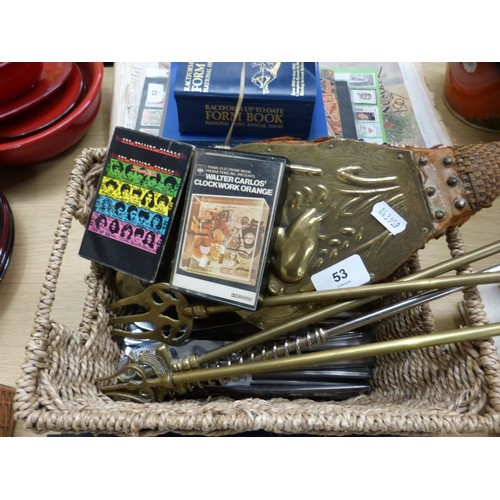 53 - Set of bellows, fire irons, shoe horn and a collection of modern cutlery etc.