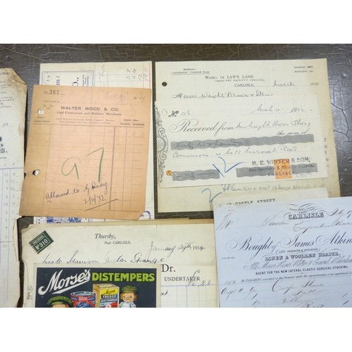 Carlisle & District Ephemera. A carton of various old billheads, etc.