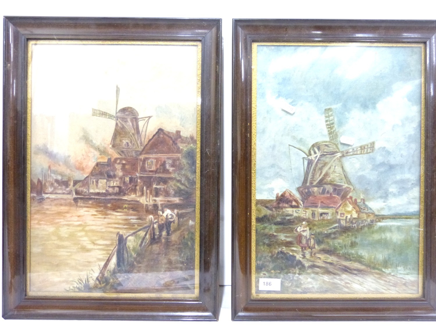 Pair of Dutch School Windmills.Oil on canvas, 47cm x 31cm