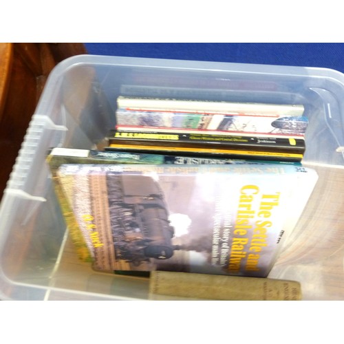 Two boxes of vintage steam locomotive books.