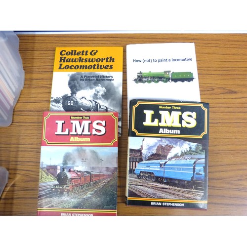 Two boxes of vintage steam locomotive books.