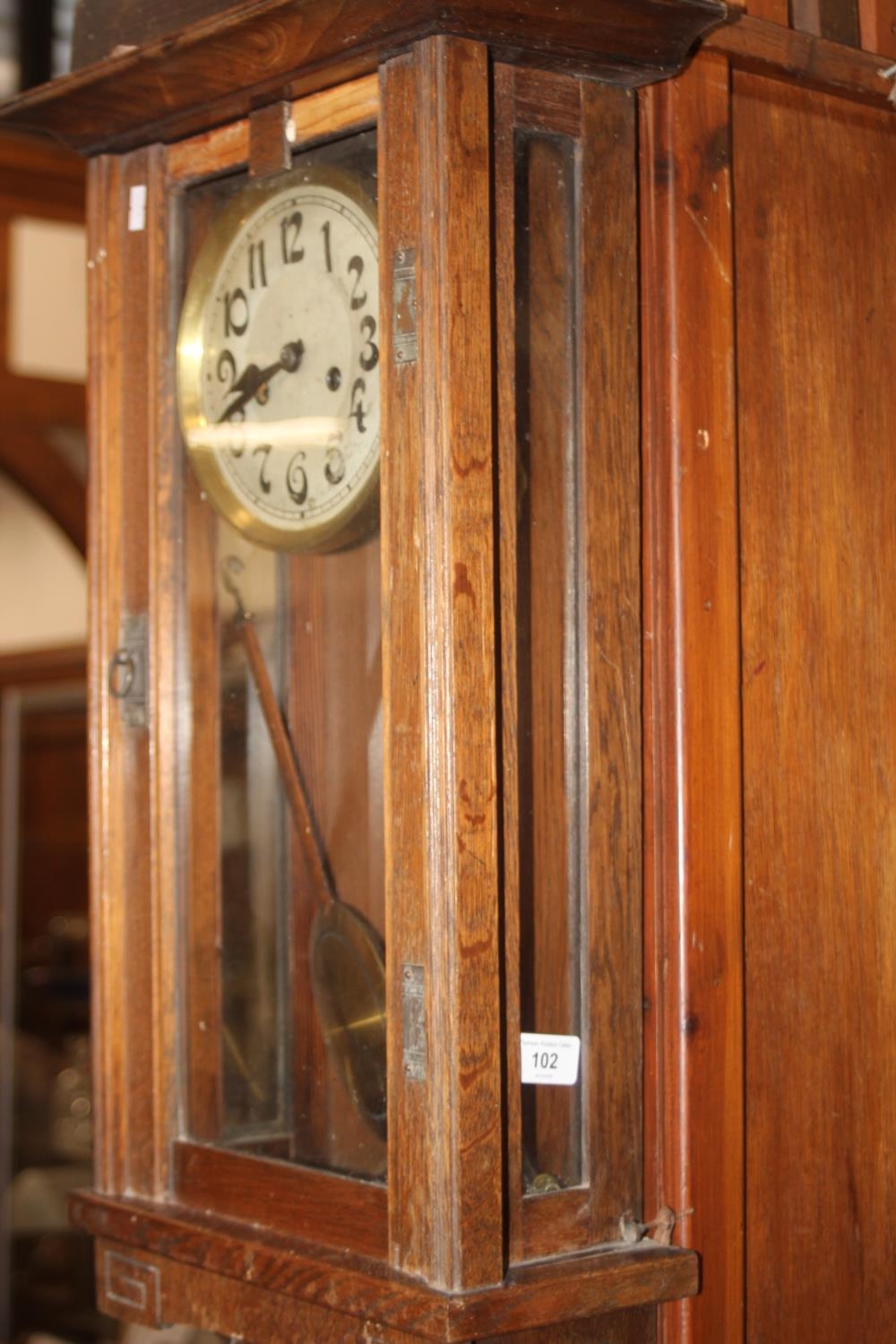 Oak cased wall clock, the brushed metal dial with Arabic numeral ...