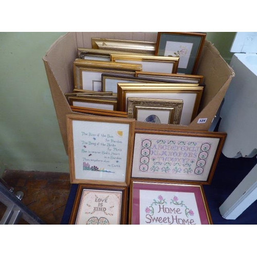 124 - Box of gilt framed prints, cross stitch etc