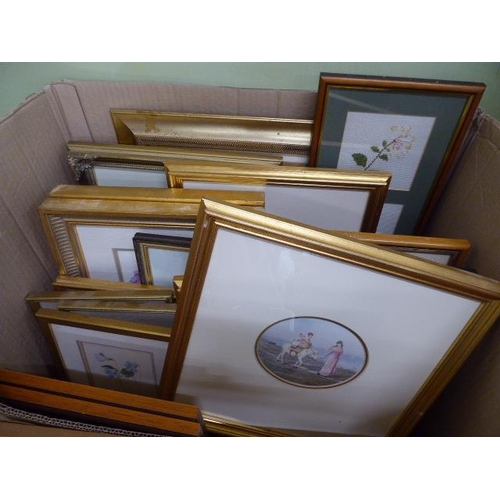 124 - Box of gilt framed prints, cross stitch etc