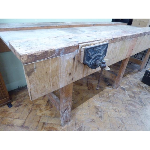 50 - Large wooden work bench with vice