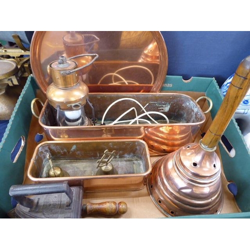 93 - Copper drinks tray, posser, planters, ship's style lantern, flat iron etc