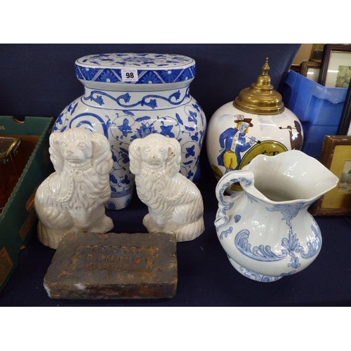 98 - Indian brass marriage tray on carved wooden folding stand, elephant stool, Staffordshire Spaniels, V... 