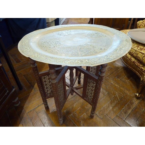 98 - Indian brass marriage tray on carved wooden folding stand, elephant stool, Staffordshire Spaniels, V... 