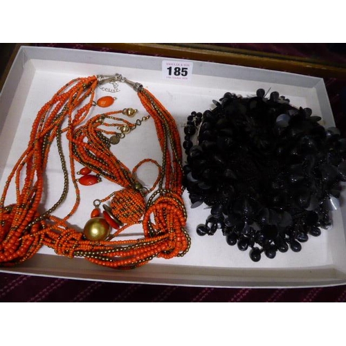 185 - Black beaded evening bag and orange beaded necklace (2)