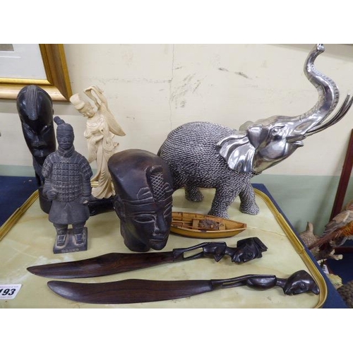 193 - Egyptian king bust, Chinese warrior figure, silver effect elephant, African carved paper knives, bus... 