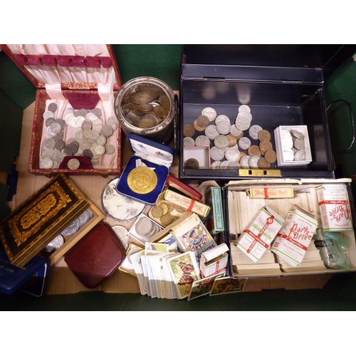 194 - Collection of cigarette cards and mid 20thC coins, Churchill crowns, shillings, pennies etc