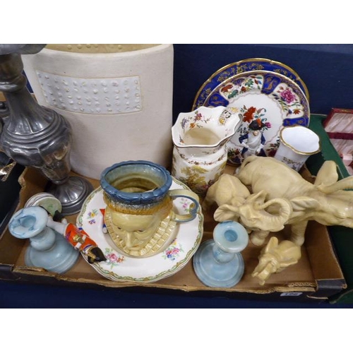198 - Masons Watteau jug, plates, Kingston pottery Elizabeth 1 tankard, elephant figures etc