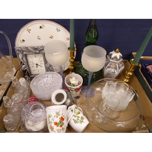 207 - Misc glass and china - Villeroy & Boch cake plate, fruit dishes, brass candlesticks, chemist bottle ... 