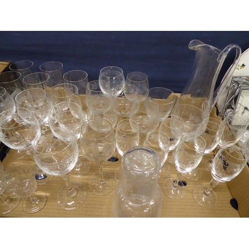 208 - Etched glass - Chantilly lace, champagne flutes, lemonade set etc