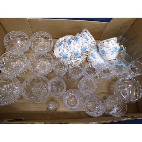 209 - Cut glass trifle dishes, wine glasses, Bowbell China tea set etc