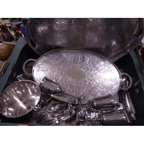 219 - Silver plated drinks serving trays, goblets, ice bucket, cutlery etc
