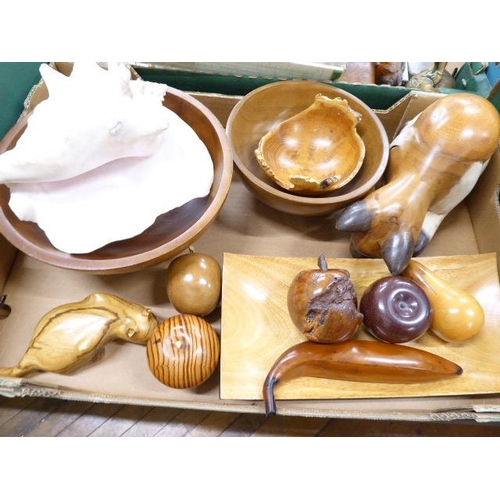 220 - Treen - Wooden fruit, bowls, cat figures, large conch shell etc