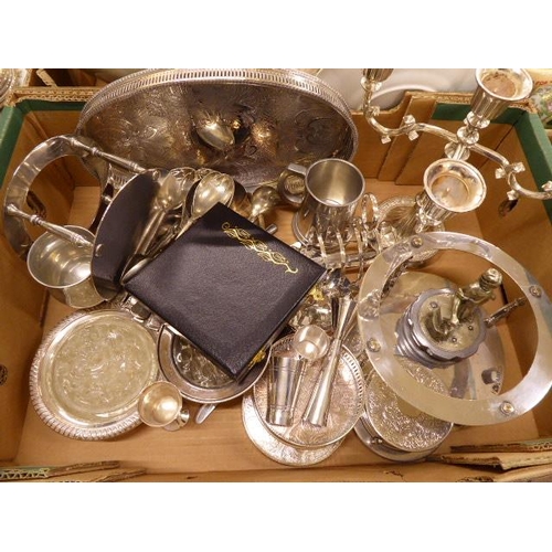 221 - Silver plated bottle stands, candelabra, coasters, tray, cutlery, spirit measures, blacksmith figure... 