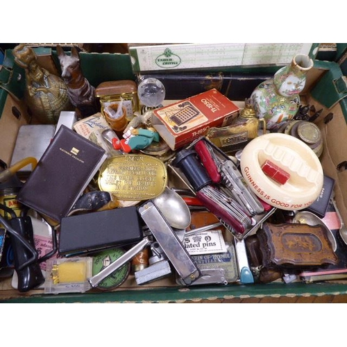 227 - Misc - Swiss army knives, Guinness ashtray, brass weights, slide rules, miniature mouth organ etc