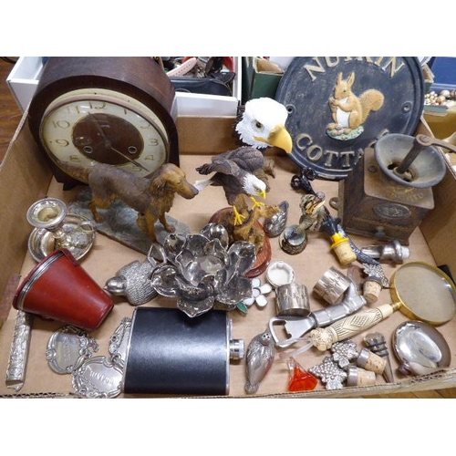 231 - Smiths Deco mantel clock, Golden eagle figure, Red Setter, stirrup cups, hip flask, decanter labels,... 