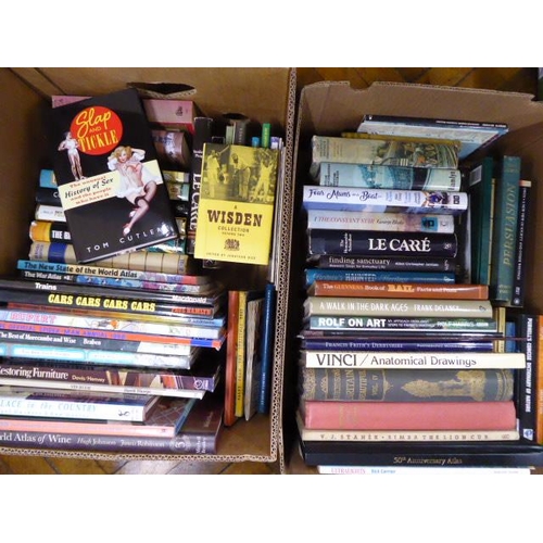 239 - Sundry books - Wisdens, Humorous, art etc (4 boxes)