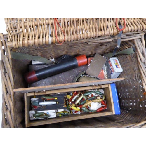 Normark black medallion, Kingfisher float, fishing rods, umbrella, vintage  basket and contents etc