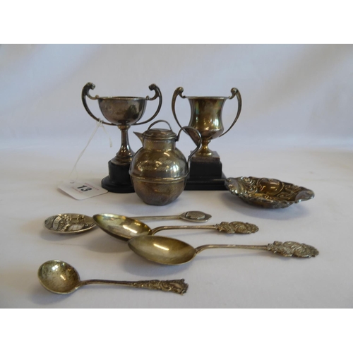 13 - Silver trophy egg cups, teaspoons, milk can etc. (5.5 ozt)