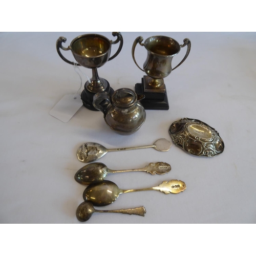 13 - Silver trophy egg cups, teaspoons, milk can etc. (5.5 ozt)