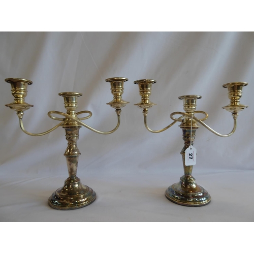 27 - *Pair silver plated 3 branch candelabra
* NB. VAT ON THIS LOT