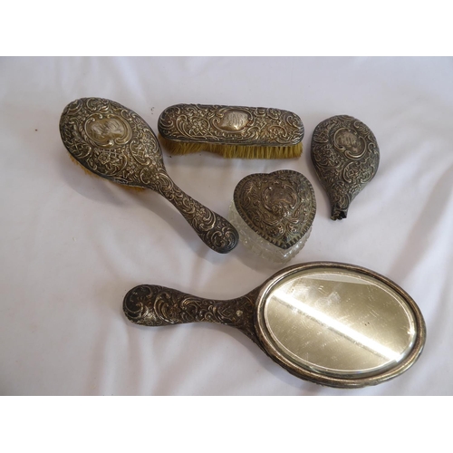 32 - Silver dressing table brushes, mirror and trinket box etc.