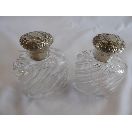 44 - Pair silver topped glass scent bottles - London 1895