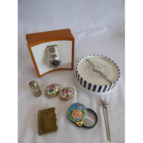 52 - Michel Herbelin, Thomas Sabo ladies watches, pill boxes, cloisonne pocket magnifying glass etc.