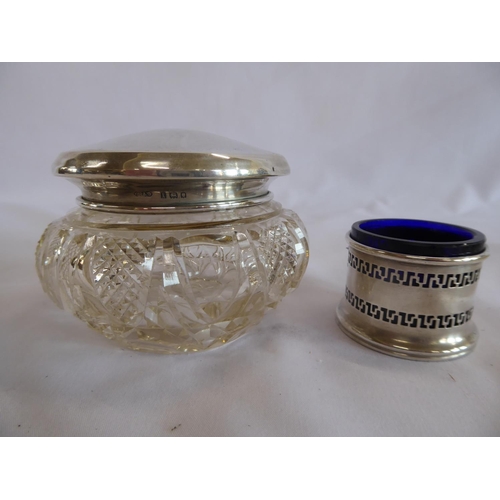 54 - Silver lidded cut glass jar - London 1926 and pierced silver salt with glass liner - B'ham 1929 (2)