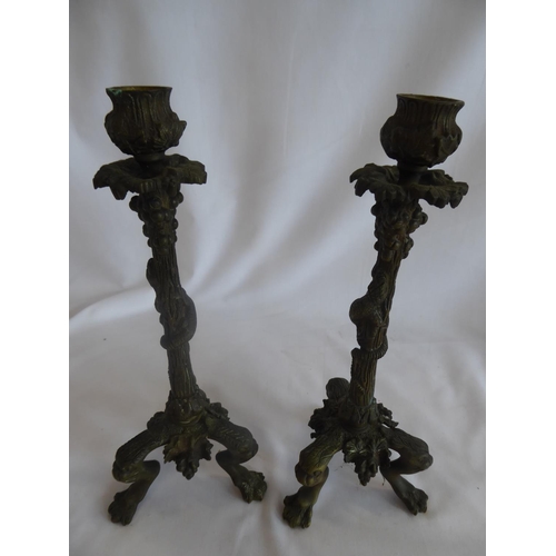 62 - Pair 19th/20thC bronze tripod candlesticks in the form of a salamander climbing to grapes, on lion p... 