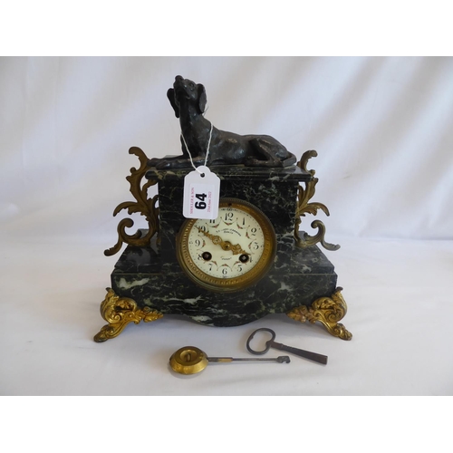 64 - 19thC french marble mantel clock with bronze? hound surmount