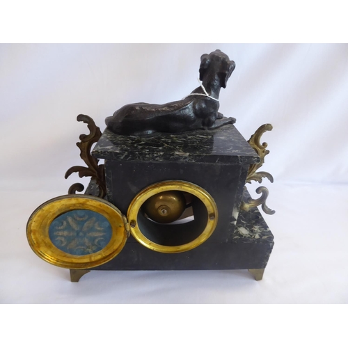 64 - 19thC french marble mantel clock with bronze? hound surmount