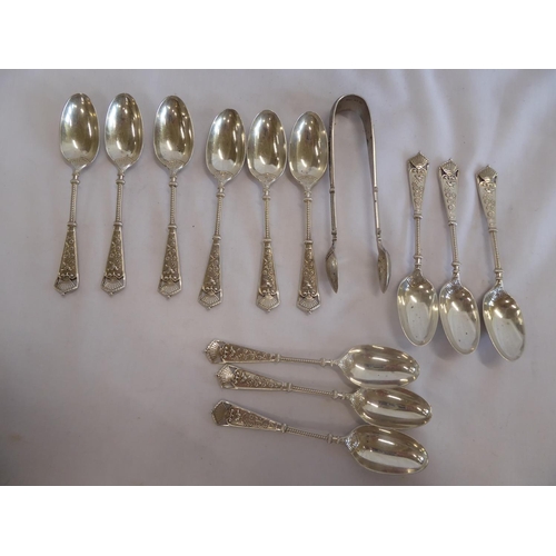 7 - Set of silver bird and flower design teaspoons and sugar nips - B'ham 1885/6 (6.6 ozt)