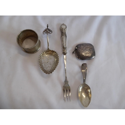 8 - Sundry silver spoons, brush, glass dish etc.