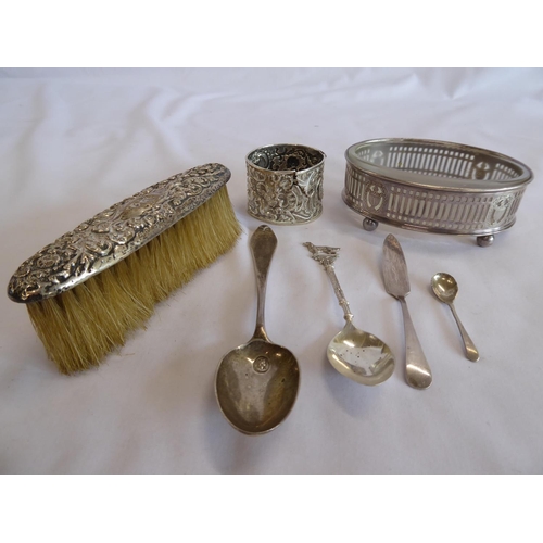 8 - Sundry silver spoons, brush, glass dish etc.